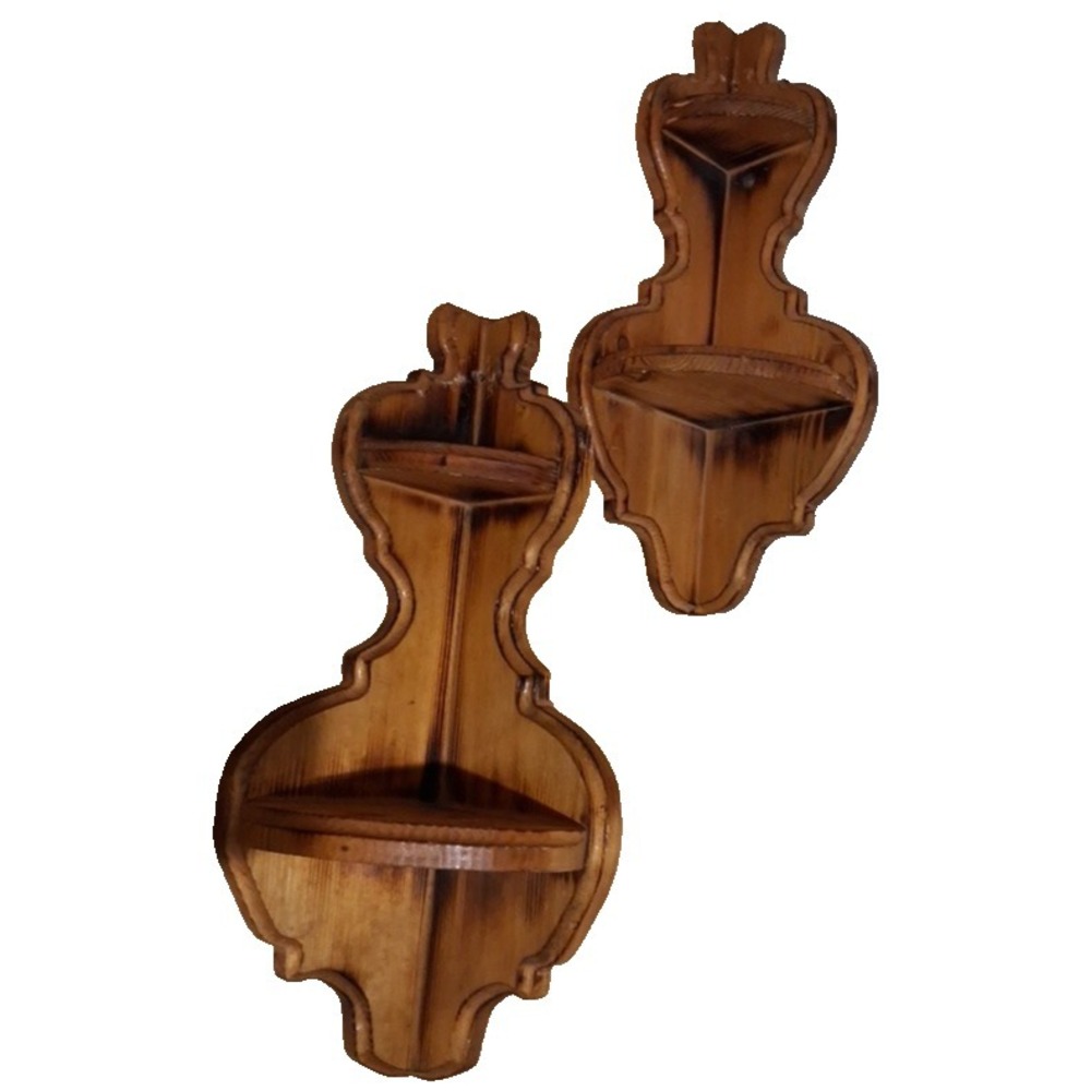 2 Vintage Carved Wood Corner Wall‎ Shelfs W/Two Tiers